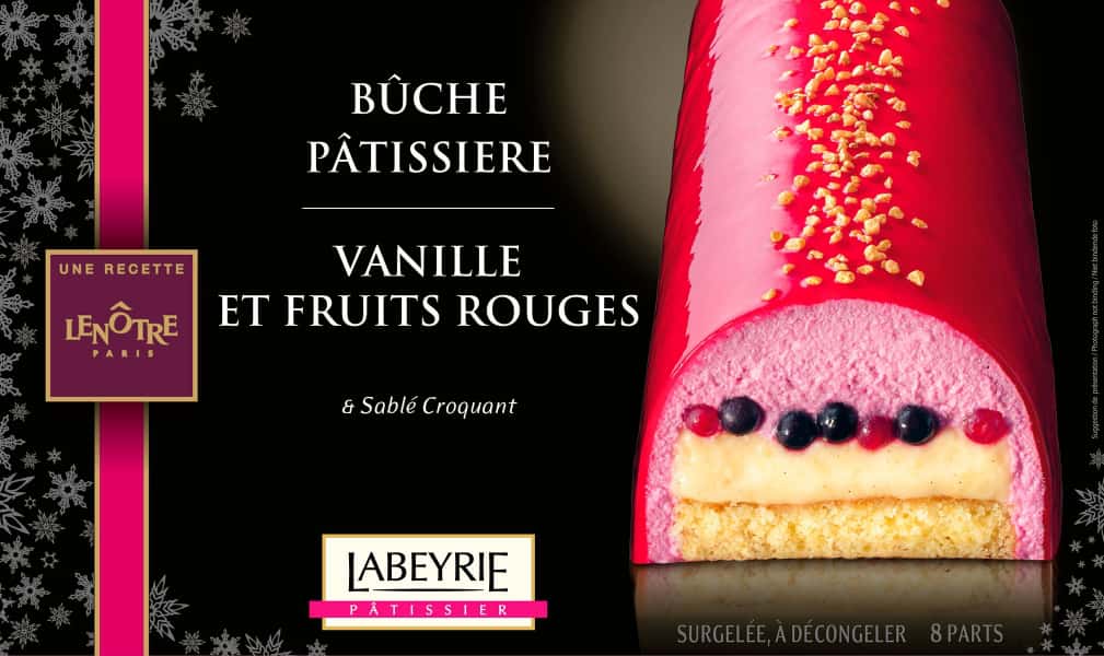 photographe culinaire labeyrie dessert packaging buche patissiere vanille fruits rouges
